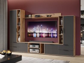 Модульная стенка «Хилтон» (дуб крафт золотой/графит матовый) в Керамкомбинате - keramkombinat.mebel-nsk.ru | фото